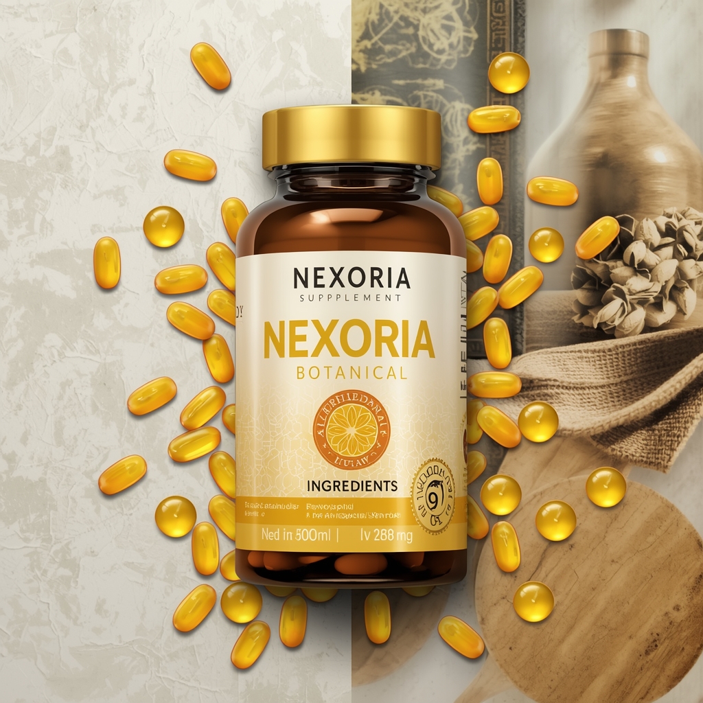 Nexoria botanical complex overview graphic with soft golden panels